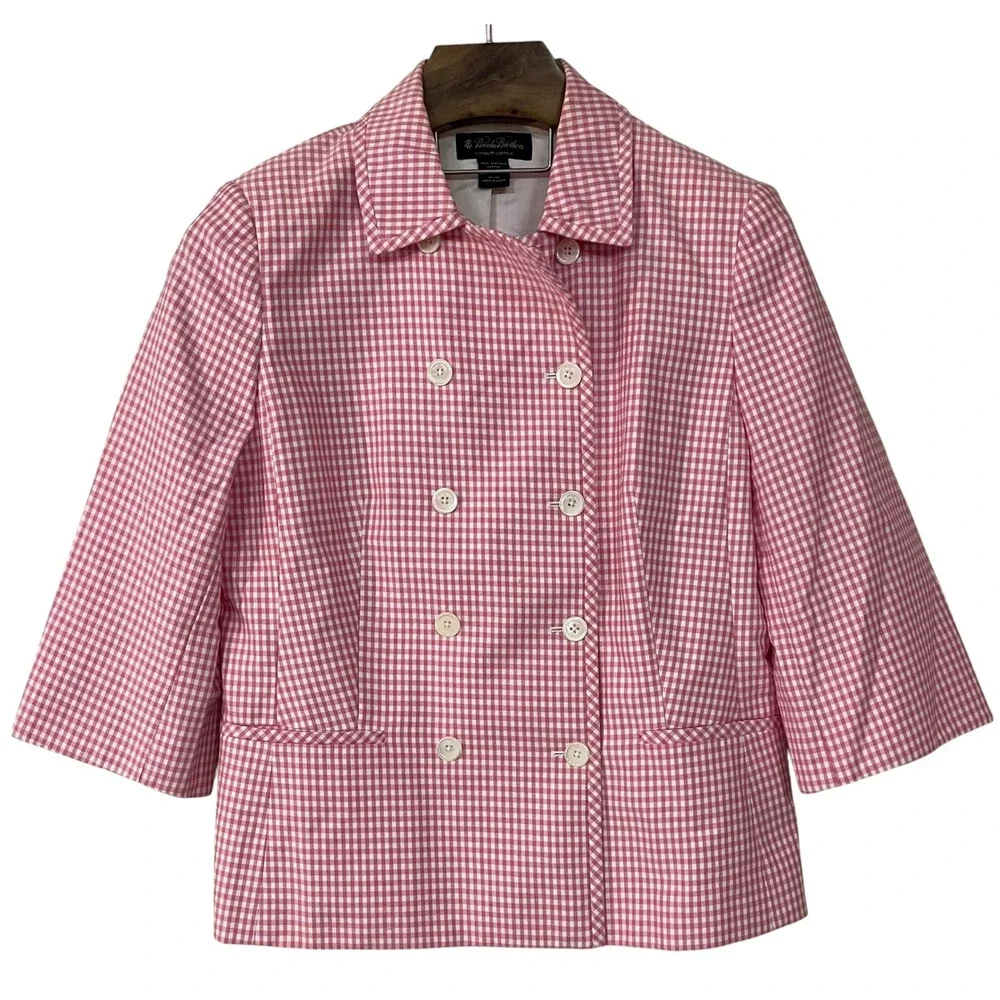 Brooks Brothers Womens Pink Gingham Cotton Double Breasted Blazer Jacket Work 14